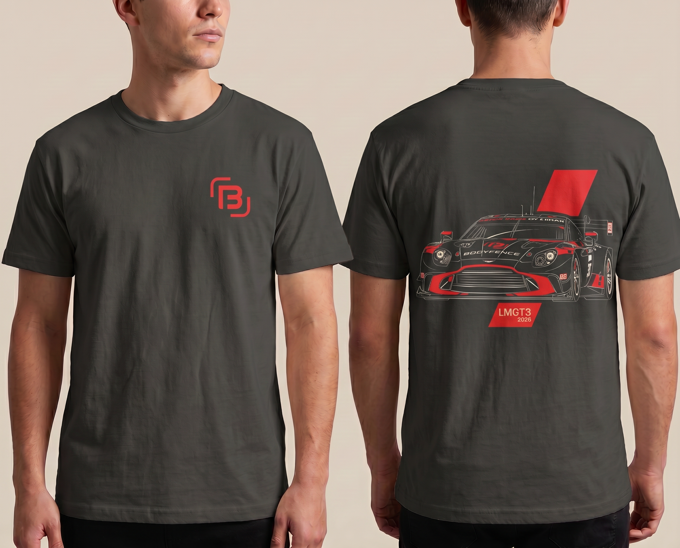 tshirt lmgt noir avec silhouette d'une voiture racing vue de face et de dos